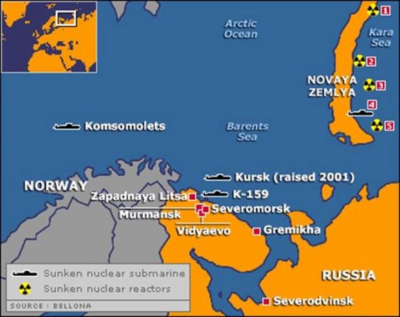 A map of Soviet/Russian nuclear hazards in the Arctic. (Bellona Foundation)