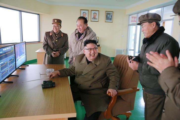 North Korean leader Kim Jong Un watched the ground jet test of a Korean-style high-thrust engine newly developed by the Academy of the National Defence Science in Pyongyang on March 19, 2017. (KCNA/via Reuters)