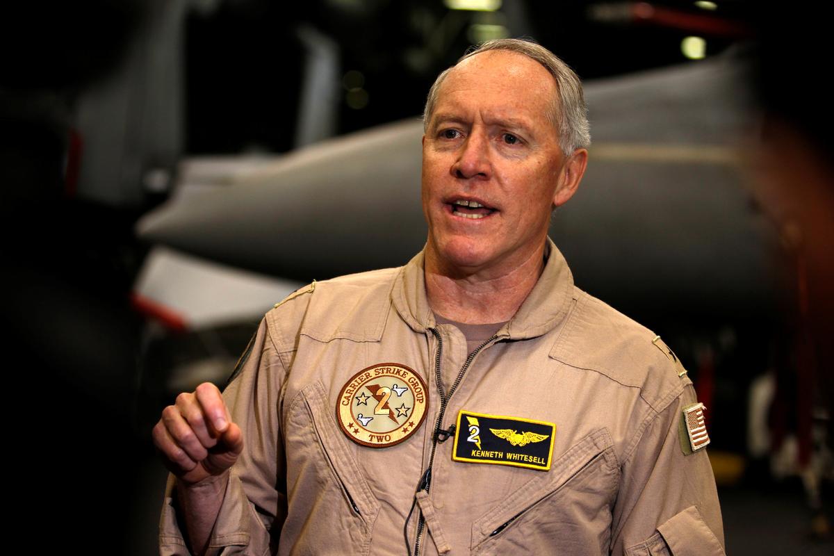 Commander, Carrier Strike Group TWO Rear Admiral Kenneth Whitesell, speaks to media on board the U.S. aircraft carrier, USS George H. W. Bush after transiting the Strait of Hormuz in this photo taken on March 21, 2017. (REUTERS/Hamad I Mohammed)
