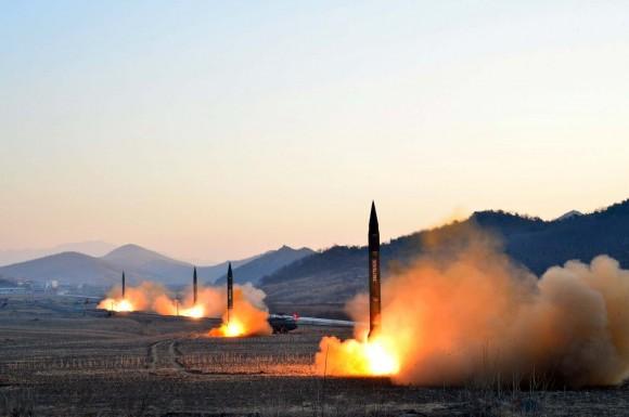 This undated picture released by North Korea's Korean Central News Agency (KCNA) via KNS on March 7, 2017 shows the launch of four ballistic missiles by the Korean People's Army (KPA) during a military drill at an undisclosed location in North Korea. (STR/AFP/Getty Images)