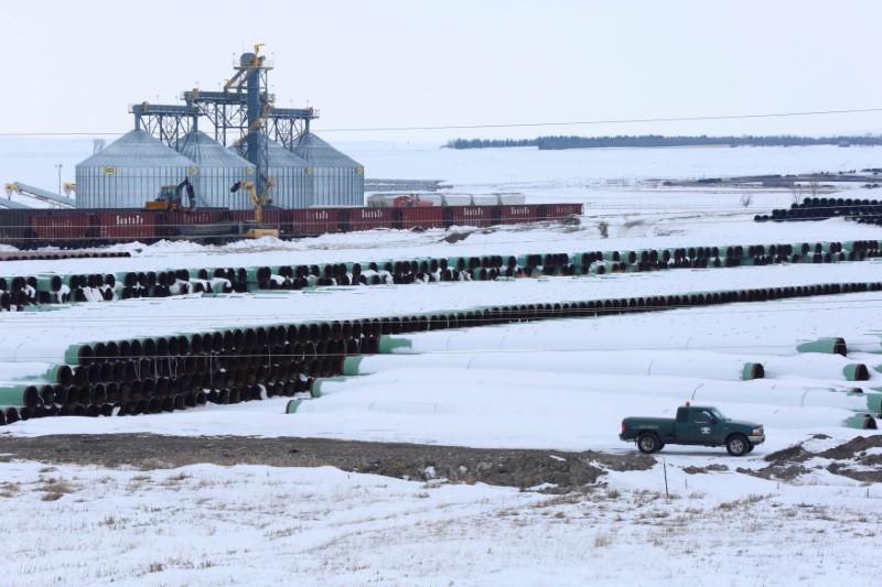 A depot used to store pipes for Transcanada Corp's planned Keystone XL oil pipeline is seen in Gascoyne, North Dakota on Jan. 25, 2017. (REUTERS/Terray Sylvester)