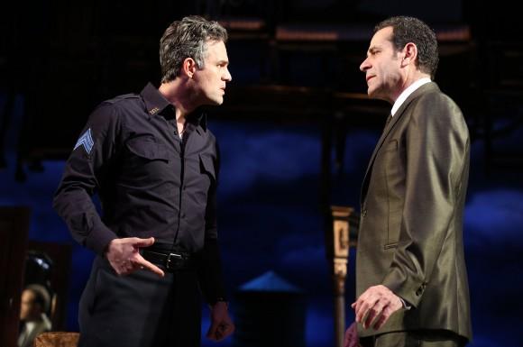 (L–R) Victor (Mark Ruffalo) resents his brother Walter Franz (Tony Shalhoub) for the discrepancy in their education and careers. (Joan Marcus)