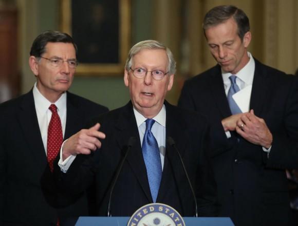Senate Majority Leader Mitch McConnell (R-KY) (C) speaks to the media on Capitol Hill in Washington on March 21, 2017. (Mark Wilson/Getty Images)