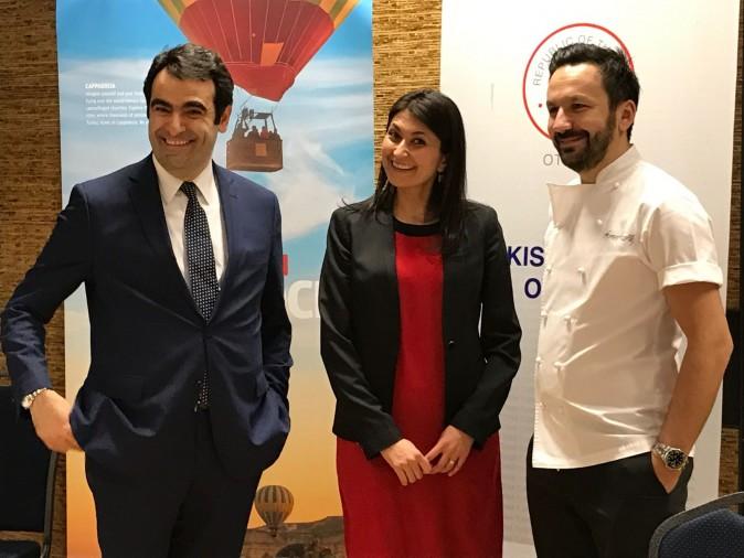 Ambassador Selcuk Unal, Cultural Attaché Derya Serbetci, and Chef Ismet Saz at Turkish Cuisine Night on March 23 at the Agriculture and Food Museum in Ottawa. (Kerry-Leigh Burchill)