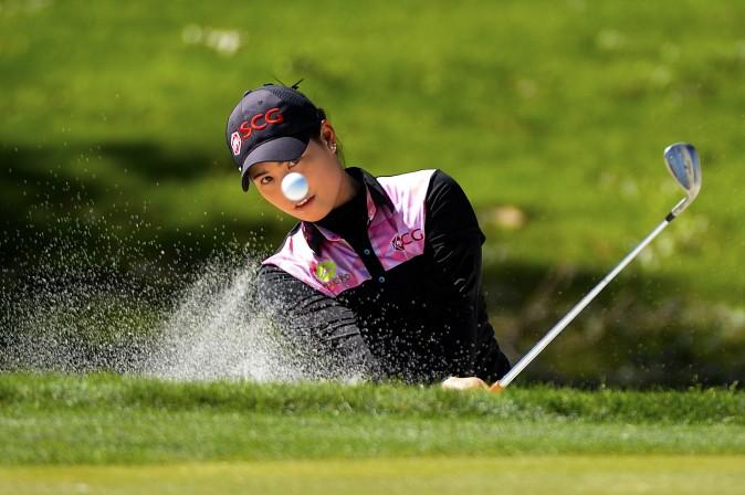 Moriya Jutanugarn of Thailand makes a shot out of a bunker during the third round of the ANA Inspiration on the Dinah Shore Tournament Course at Mission Hills Country Club in Rancho Mirage, Calif., on April 2. (Robert Laberge/Getty Images)