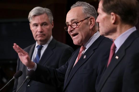 (L-R) Sen. Sheldon Whitehouse (D-RI), Senate Minority Leader Charles Schumer (D-NY) and Sen. Richard Blumenthal (D-CT) hold a news conference to call on Republicans to reveal the "dark money" donars supporting the confirmation of Judge Neil Gorsuch to the Supreme Court at the U.S. Capitol March 29, 2017 in Washington, DC. (Chip Somodevilla/Getty Images)
