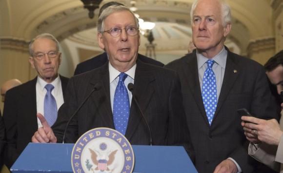 US Senate Majority Leader Mitch McConnell (C), Republican of Kentucky, speaks alongside Republican Senate leadership to the press about the vote for Neil Gorsuch to serve on the Supreme Court, at the US Capitol in Washington on April 4, 2017. (SAUL LOEB/AFP/Getty Images)