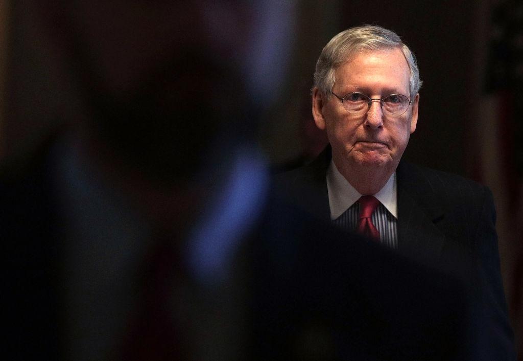 Senate Majority Leader Sen. Mitch McConnell (R-KY) walks towards the Senate Chamber at the Capitolon in Washington on April 6, 2017. (Alex Wong/Getty Images)