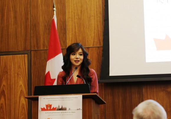 Miss World Canada Anastasia Lin speaks at the 6th Parliamentary Forum on Religious Freedom in Ottawa on April 4, 2017. (Donna He/Epoch Times)