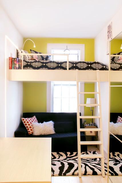 This teenage girl's bedroom was tiny, so DiCarlo put in a loft bed and lounge space right at the window for a view of green space. (Courtesy Carolyn DiCarlo)