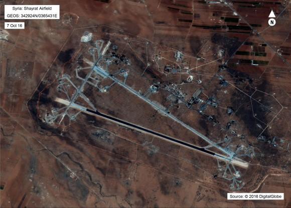 Shayrat Airfield in Homs, Syria in an image released by the Pentagon after announcing U.S. forces conducted a cruise missile strike against the Syrian Air Force airfield. (DigitalGlobe/Courtesy U.S. Department of Defense)