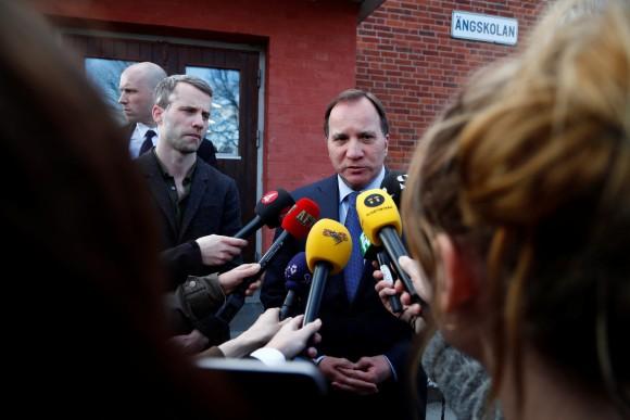 Prime minister Stefan Lofven makes a statement after people were killed when a truck crashed into department store Ahlens on Drottninggatan, in central Stockholm, Sweden April 7, 2017. (TT News Agency/Thomas Johansson/via REUTERS)