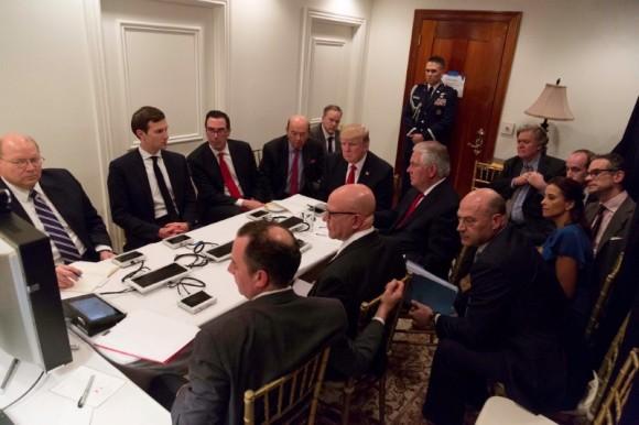 President Trump meeting with his National Security team and being briefed by Chairman of the Joint Chiefs of Staff General Joseph Dunford via secure video after a missile strike on Syria while inside the Sensitive Compartmented Information Facility at his Mar-a-Lago resort in West Palm Beach, Florida. (The White House/Handout via REUTERS)