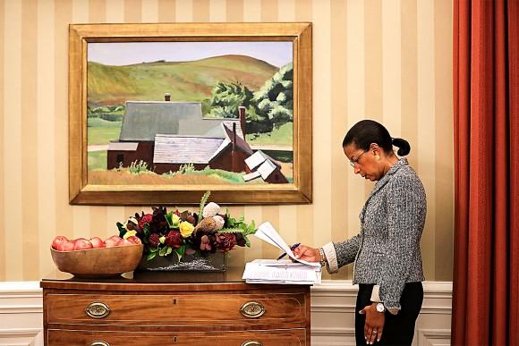 National security adviser Susan Rice looks over documents in the Oval Office of the White House on Oct. 7, 2016. (Chip Somodevilla/Getty Images)