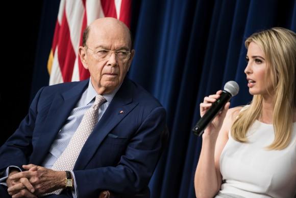 US Secretary of Commerce Wilbur Ross (L) listens while US First daughter Ivanka Trump speaks during a forum with Chief Executive Officers on the White House Campus in Washington on April 4, 2017. (BRENDAN SMIALOWSKI/AFP/Getty Images)