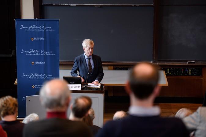 Sir Roger Scruton, writer, philosopher, and senior fellow of the Ethics and Public Policy Center, gives a public lecture at the James Madison Program in American Ideals and Institutions event, "The Achievements of Sir Roger Scruton," at Princeton University, on April 3, 2017. (Sameer A. Khan)