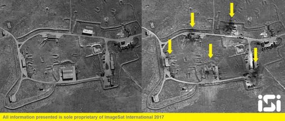 The Syrian Shayrat airfield base is pictured in undated before and after (taken April 7, 2017) satellite imagery, in Homs Syria. (ImageSat International N.V. © 2017/Handout via REUTERS)