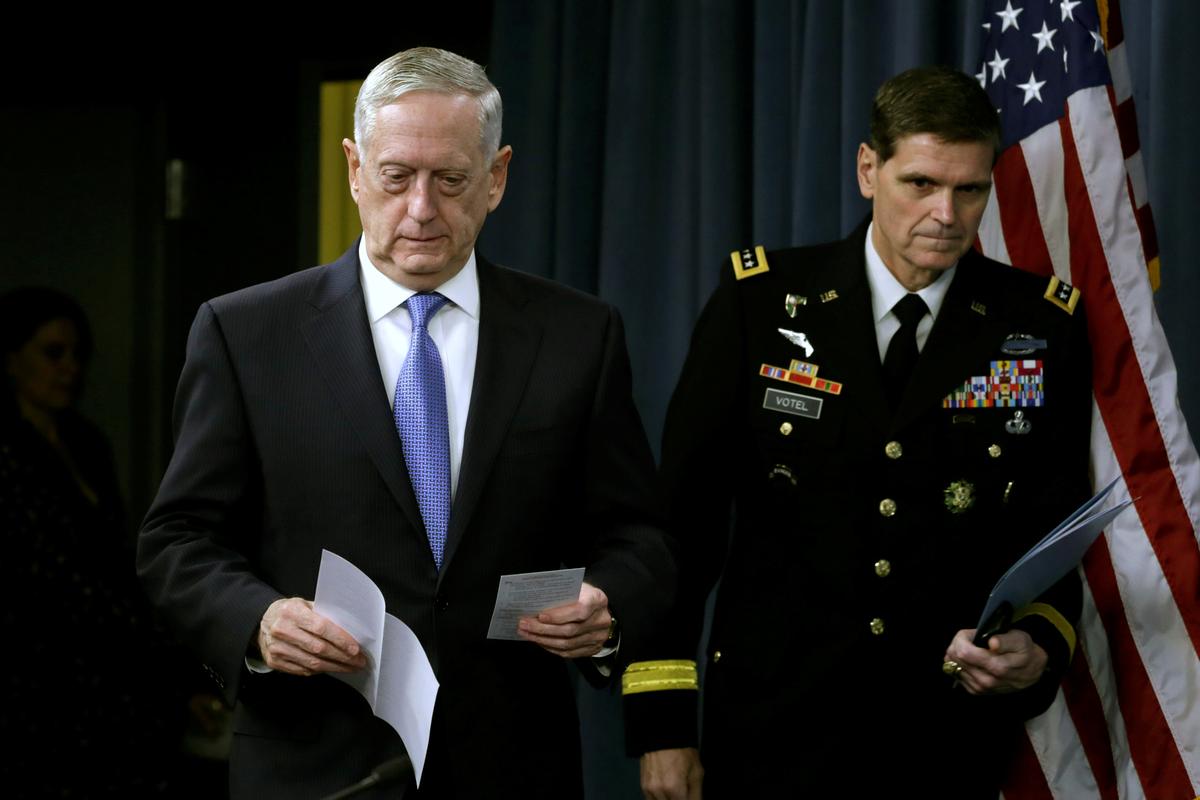 U.S. Defense Secretary James Mattis (L) and Army Gen. Joseph Votel, commander of U.S. Central Command, arrive to brief the media at the Pentagon in Washington on April 11, 2017. (REUTERS/Yuri Gripas)