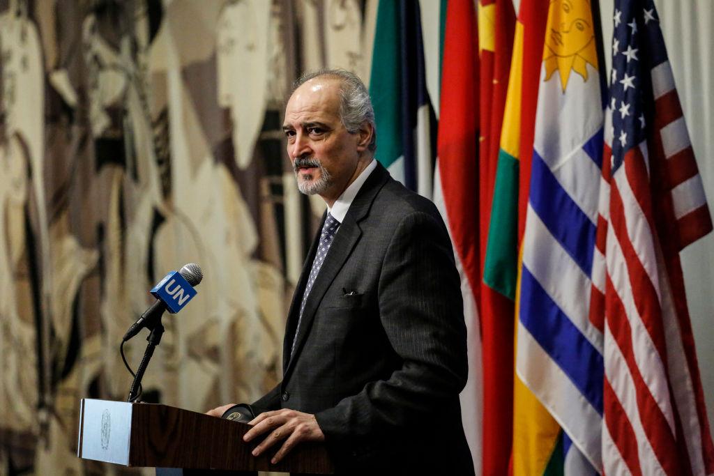 Syrian ambassador to the United Nations Bashar Jaafari speaks outside the Security Council at UN Headquarters in New York on April 12, 2017. (KENA BETANCUR/AFP/Getty Images)