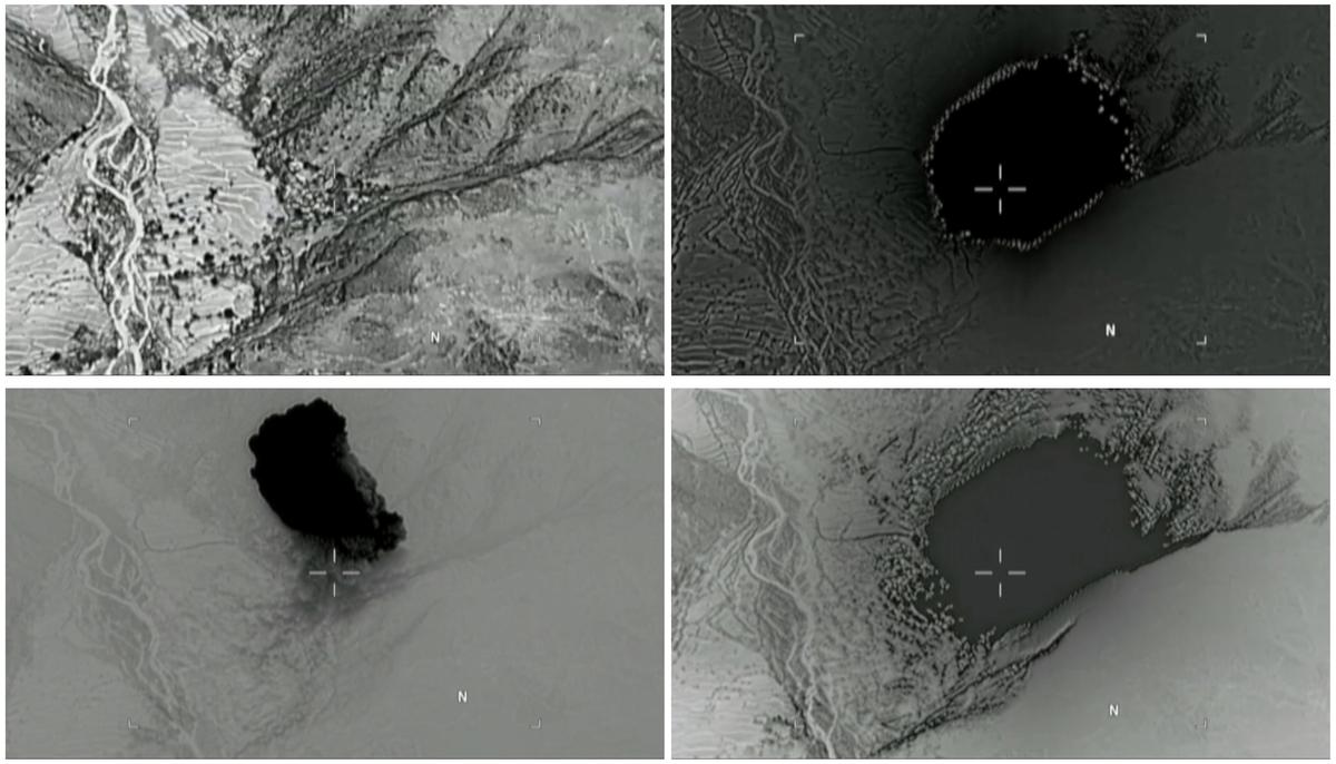 A combination of still images taken from a video released by the U.S. Department of Defense on April 14, 2017 shows (clockwise) the explosion of a MOAB when it struck the Achin district of the eastern province of Nangarhar, Afghanistan, bordering Pakistan where U.S. officials said a network of tunnels and caves was being used by militants linked to ISIS. (U.S. Department of Defense/Handout via REUTERS)