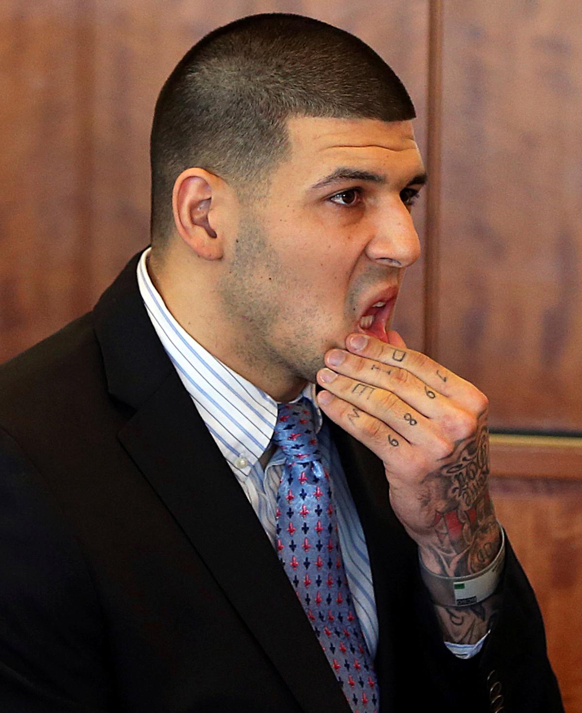 Aaron Hernandez appears for a pre-trial hearing at Bristol County Superior Court in Fall River, Massachusetts on Feb. 7, 2014. (REUTERS/Jonathan Wiggs/Boston Globe/Pool)