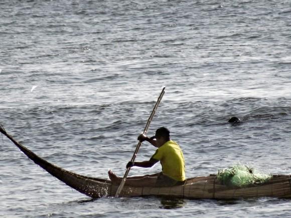 Riding the surf in a caballito de totora, a traditional boat made from reeds. (David Lawes)