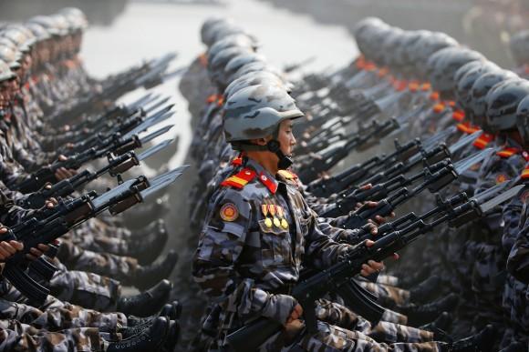 North Korean soldiers march during a military parade marking the 105th birth anniversary of country's founding father, Kim Il Sung in Pyongyang, North Korea April 15, 2017. (REUTERS/Damir Sagolj)