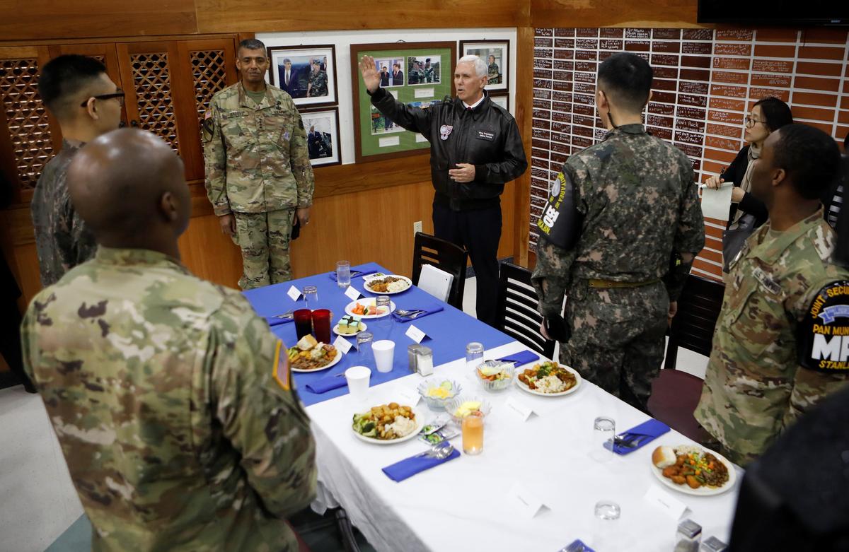 U.S. Vice President Mike Pence during a meeting with U.S. and South Korean soldiers at Camp Bonifas near the truce village of Panmunjom, in Paju, South Korea on April 17, 2017. (REUTERS/Kim Hong-Ji)