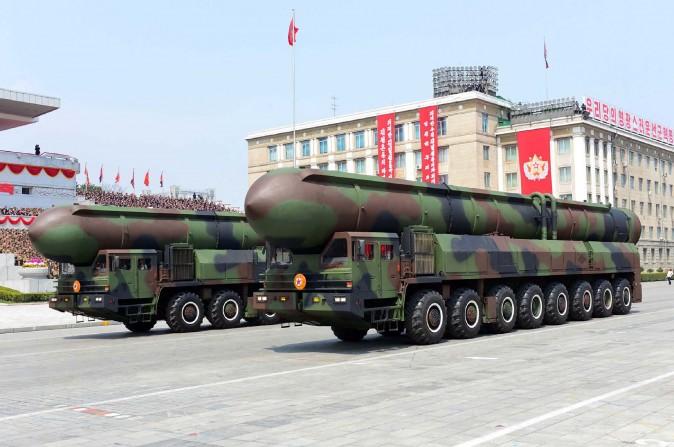 Ballistic missiles in a military parade in Pyongyang, North Korea, on April 16, 2017. (STR/AFP/Getty Images)