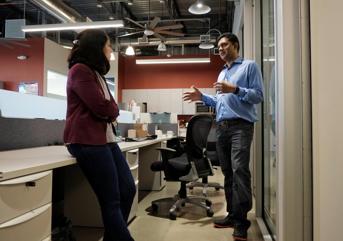 Guru Harihara, the CEO of startup Boomerang Commerce, discusses business issues with director of finance Jaya Jaware at the company's headquarters in Mountain View, Calif., on April 21, 2017. (REUTERS/Stephen Nellis)