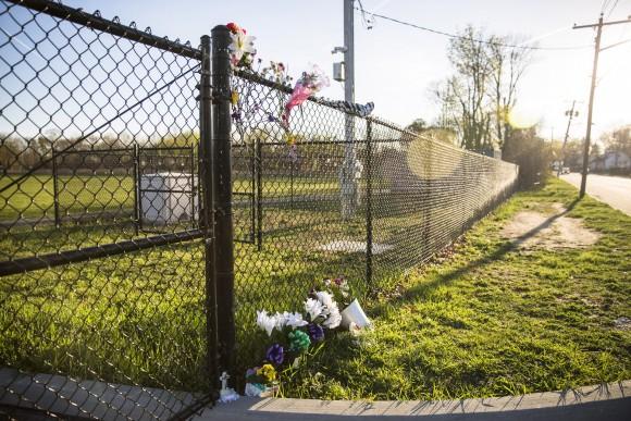A memorial sprang up at Recreation Village Town Park near where the bodies of four young men were found in Central Islip, N.Y., on April 12, 2017. (Samira Bouaou/The Epoch Times)