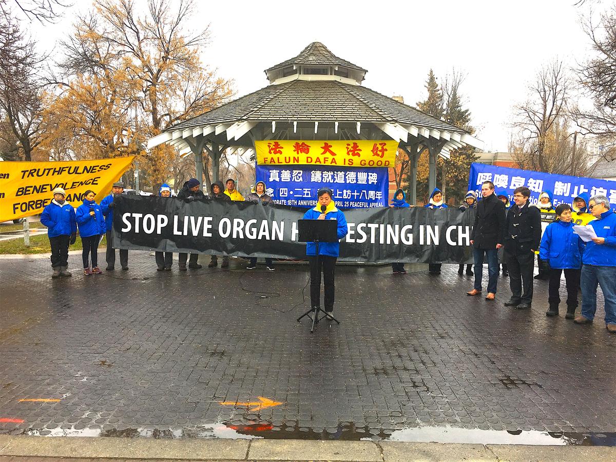Dr. Minnan Liu from the Falun Dafa Association of Edmonton talks at a rally in Edmonton's Dr. Wilbert McIntyre Gazebo on April 22, 2017 to mark the 18th anniversary of the April 25, 1999 appeal in Beijing by Falun Dafa adherents. (Omid Ghoreishi/The Epoch Times)