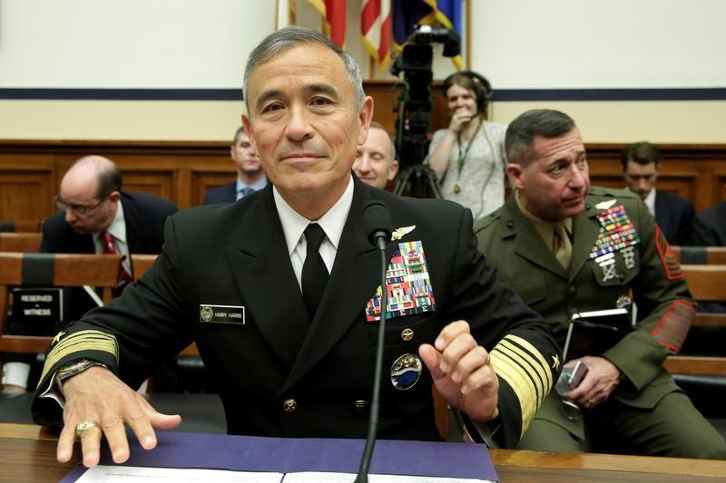 The Commander of the U.S. Pacific Command, Admiral Harry Harris, waits to testify before a House Armed Services Committee hearing on "Military Assessment of the Security Challenges in the Indo-Asia-Pacific Region" on Capitol Hill in Washington on April 26, 2017. (REUTERS/Yuri Gripas)