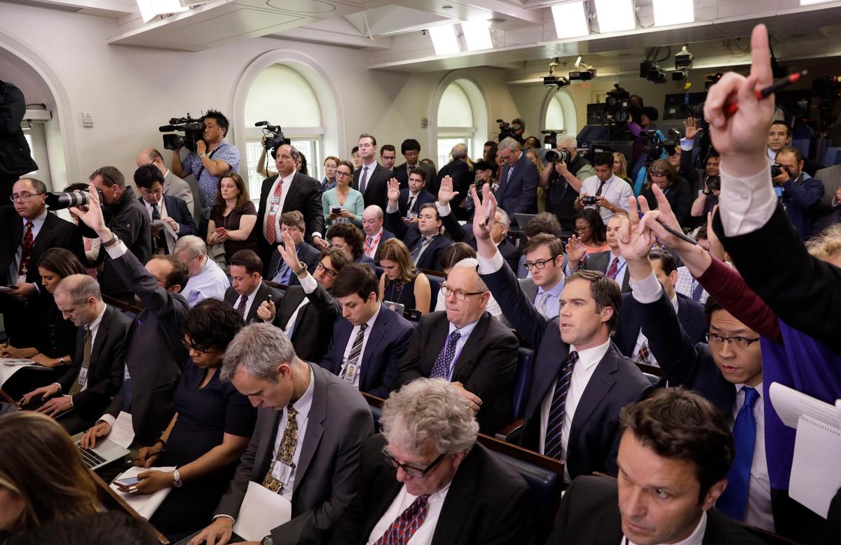 Reporters ask questions as National Economic Director Gary Cohn and Treasury Secretary Steven Mnuchin unveiled the Trump administration's tax reform proposal in the White House briefing room in Washington on April 26, 2017. (REUTERS/Kevin Lamarque)