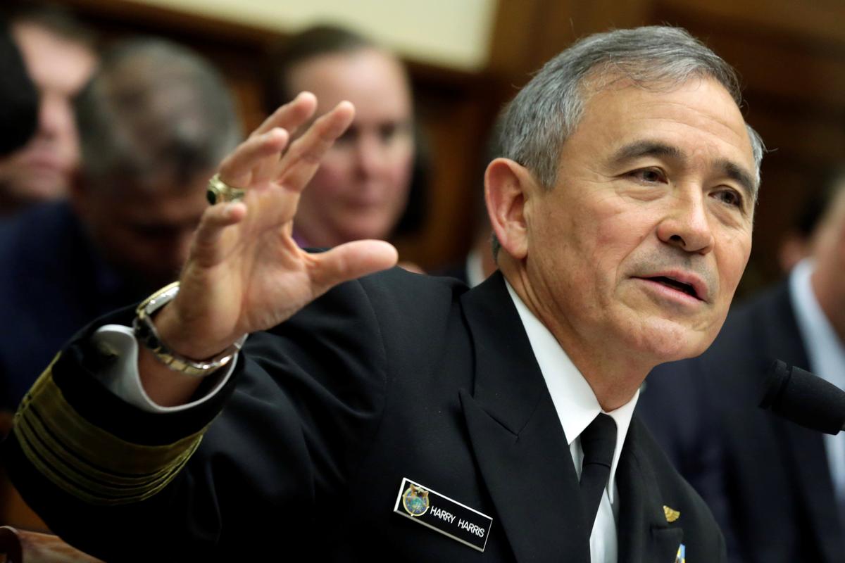 The Commander of the U.S. Pacific Command, Admiral Harry Harris, testifies before a House Armed Services Committee hearing on "Military Assessment of the Security Challenges in the Indo-Asia-Pacific Region" on Capitol Hill in Washington on April 26, 2017. (REUTERS/Yuri Gripas)