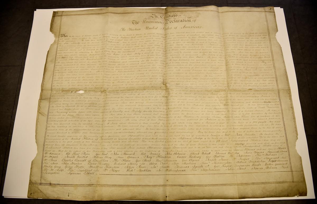 A rare handwritten copy of the U.S. Declaration of Independence is seen at the West Sussex Record Office in Chichester in south England, Britain on April 27, 2017. (REUTERS/Hannah McKay)