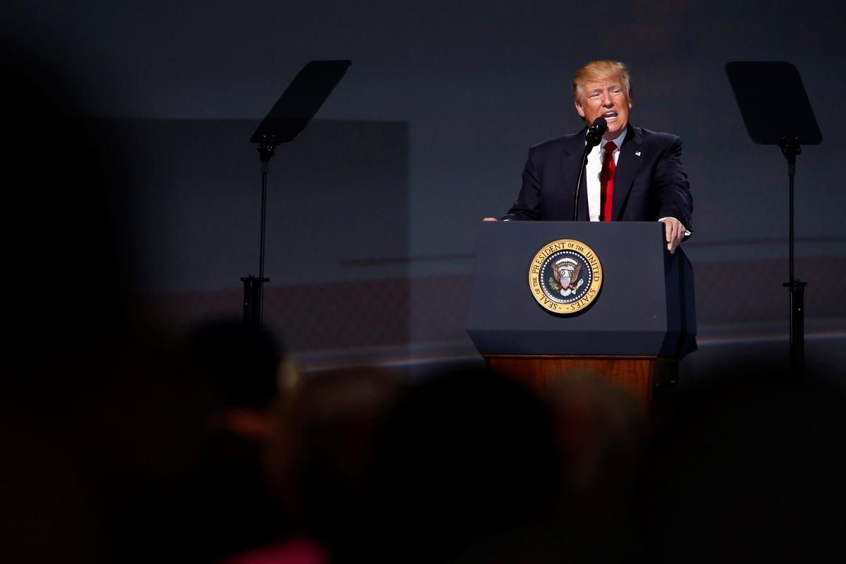 President Donald Trump at the National Rifle Association (NRA) Leadership Forum at the Georgia World Congress Center in Atlanta, Ga., on April 28, 2017. (REUTERS/Jonathan Ernst)