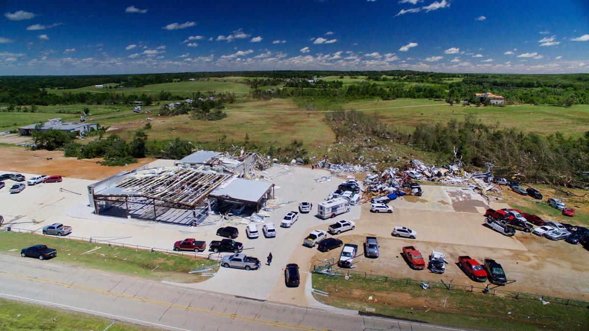 A business damaged by tornadoes is seen from an unmanned aerial vehicle in Canton, Texas on April 30, 2017. (REUTERS/Brandon Wade)