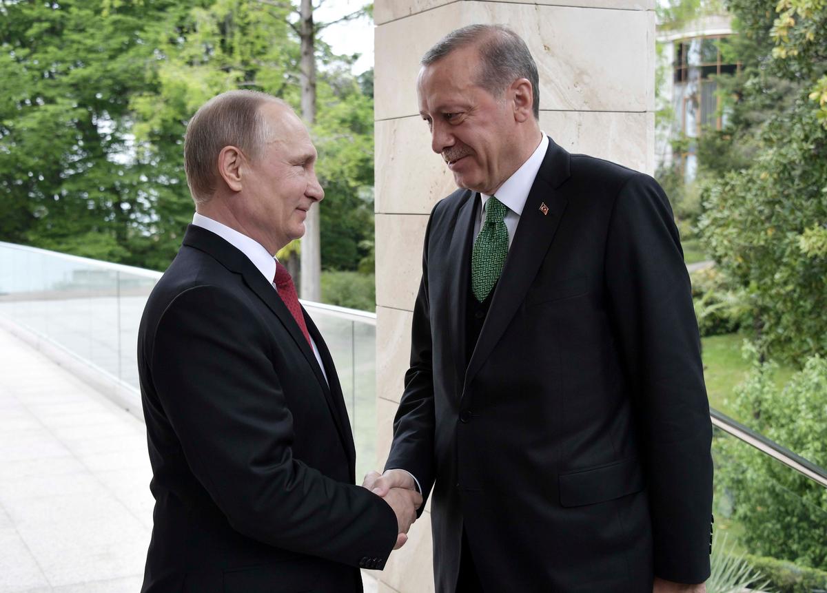 Russian President Vladimir Putin (L) shakes hands with his Turkish counterpart Tayyip Erdogan during a meeting in Sochi, Russia on May 3, 2017. (Sputnik/Alexei Nikolsky/Kremlin via REUTERS)