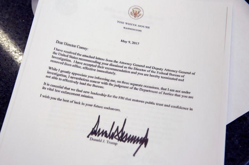 This picture shows a copy of the letter by President Trump firing Director of the FBI James Comey at the White House. (REUTERS/Joshua Roberts)