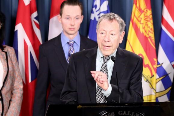 Former MP and justice minister Irwin Cotler speaks at a press conference in support of efforts to secure the release of Canadian citizen Qian Sun detained in China for her practice of Falun Gong, on Parliament Hill in Ottawa on May 9, 2017. (Jonathan Ren/NTD Television)