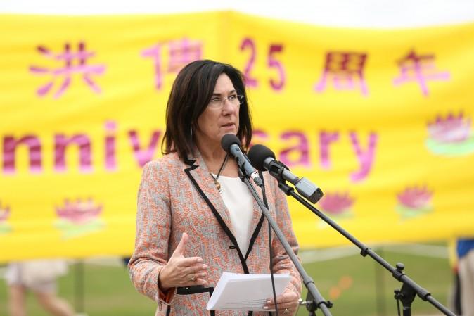 Cheryl Hardcastle, NDP MP and vice-chair of the Subcommittee for International Human Rights, speaks at a celebration on Parliament Hill marking the 25th anniversary of Falun Gong, May 9, 2017. (Evan Ning/Epoch Times)