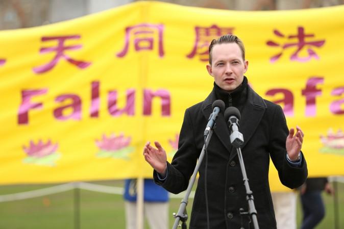 Conservative MP Michael Cooper speaks at a celebration on Parliament Hill marking the 25th anniversary of Falun Gong, May 9, 2017. (Evan Ning/Epoch Times)