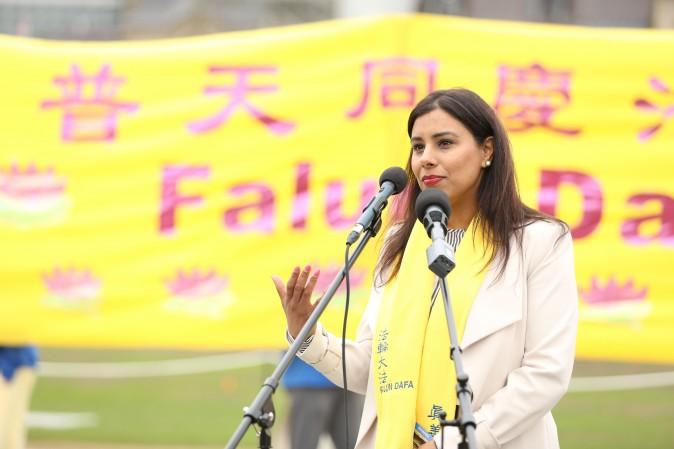Liberal MP Ruby Sahota speaks at a celebration on Parliament Hill marking the 25th anniversary of Falun Gong, May 9, 2017. (Evan Ning/Epoch Times)