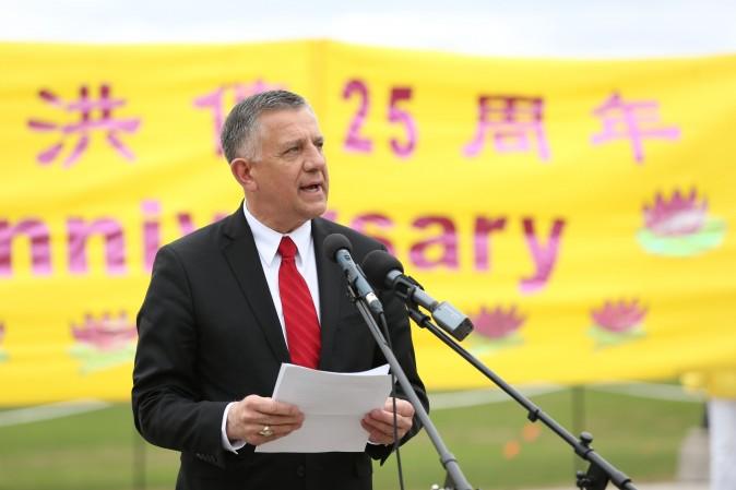 Conservative MP Ted Falk speaks at a celebration on Parliament Hill marking the 25th anniversary of Falun Gong, May 9, 2017. (Evan Ning/Epoch Times)