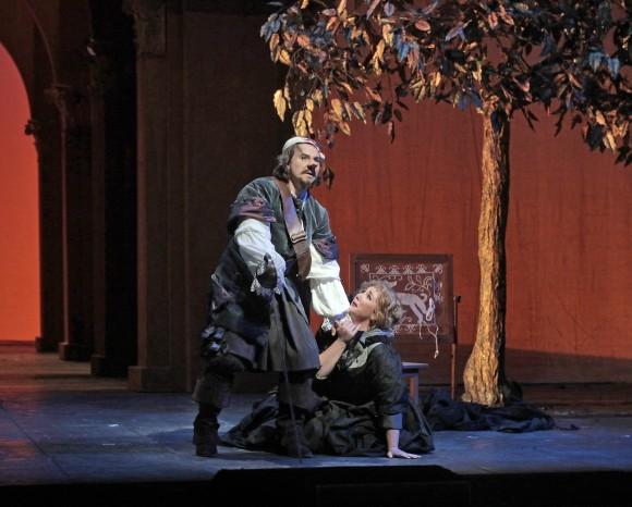 In the final scene of the opera, Roxane (Jennifer Rowley) learns it was actually Cyrano (Roberto Alagna) she has always loved in Alfano's "Cyrano de Bergerac." (Ken Howard/Metropolitan Opera)