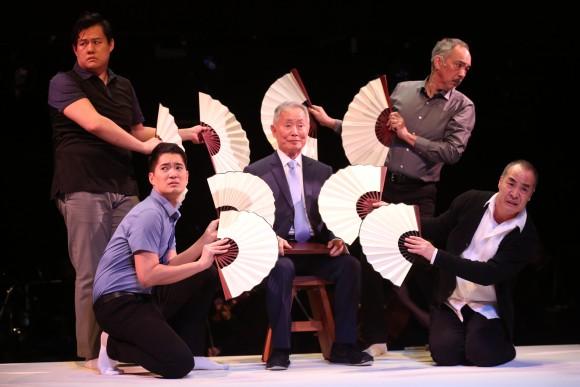 (L–R) Kelvin Moon Loh, Austin Ku, George Takei, Mark Oka, and Thom Sesma in a song from "Pacific Overtures." (Joan Marcus)