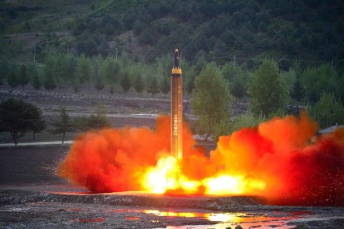 The long-range strategic ballistic rocket Hwasong-12 (Mars-12) is launched during a test in this undated photo released on May 15, 2017. (KCNA via REUTERS)