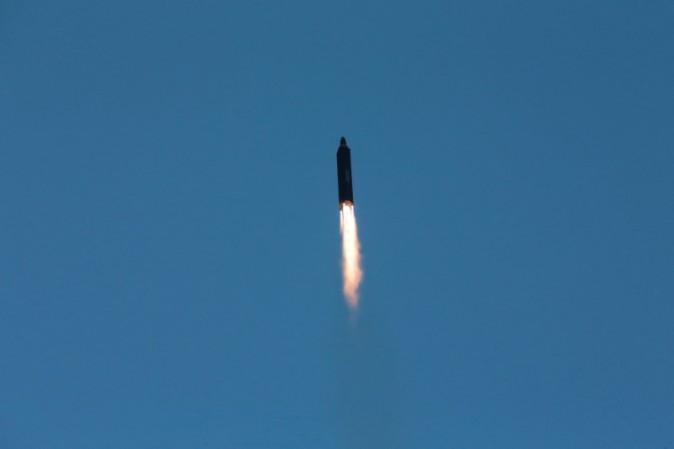 The long-range strategic ballistic rocket Hwasong-12 (Mars-12) is launched during a test in this undated photo released on May 15, 2017. (KCNA via REUTERS REUTERS)