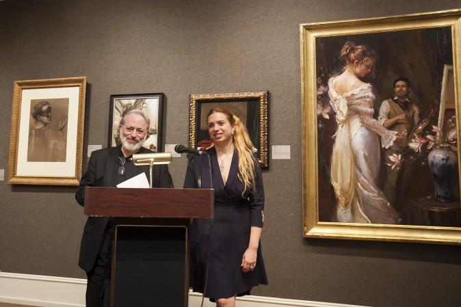 Frederick Ross, founder and chairman of Art Renewal Center (ARC), and his daughter, Kara Lysandra Ross, chief operating officer of ARC, at the press preview of the 12th International ARC Salon exhibition at the Salmagundi Club in New York, on May 12, 2017. (Milene Fernandez/The Epoch Times)